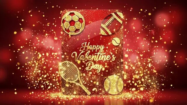 Glittering sports balls and racket with Happy Valentines Day text on red background. Greeting card for sports lovers.