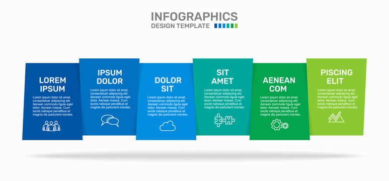 Modern business infographic template featuring six overlapping colorful vertical blocks with line icons. Vector illustration.