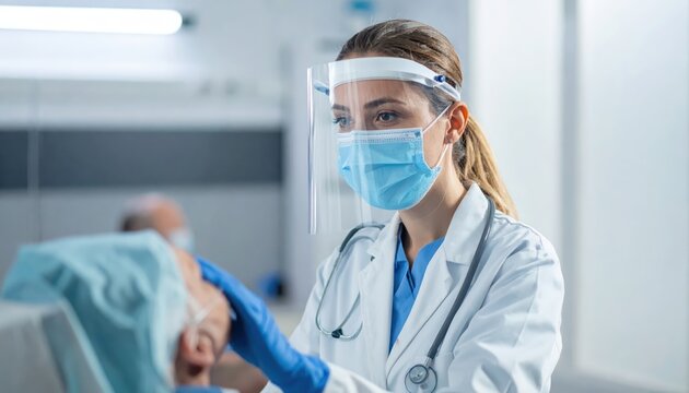 Doctor wearing face shield and mask examines patient in clinic