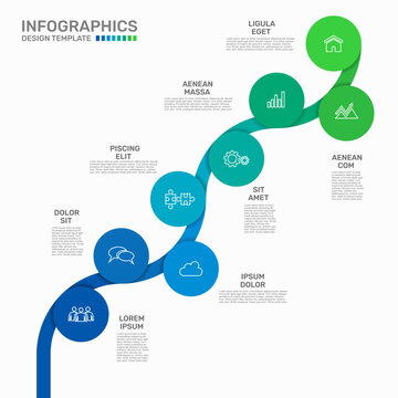 Modern business infographic template featuring eight circular steps connected by a winding ribbon. Vector illustration.