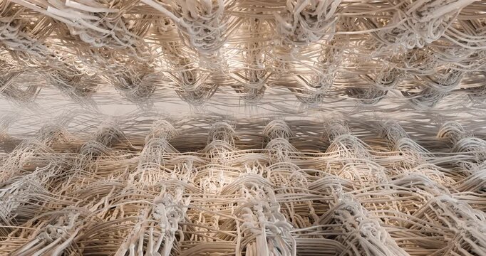 3d animation is an abstract macrostructure resembling a large weave of natural threads, fibers or ropes in a light beige shade with a central corridor stretching into the distance. A background patter