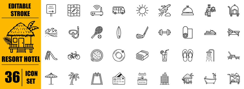 Set of 36 resort hotel icons for summer vacation and travel services