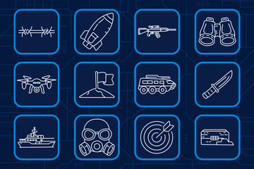 Military set icon. Barbed wire, missile, rifle, binoculars, drone, flag, armored vehicle, knife, warship, gas mask, target, bunker, defense equipment, army operations, security concept. © Кирилл Макаров