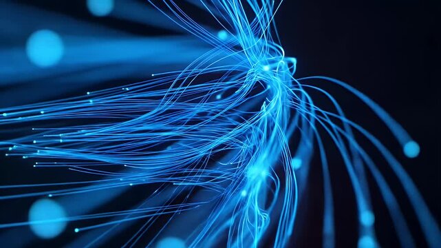 Fiber optic cables glowing with vibrant blue light against dark background.