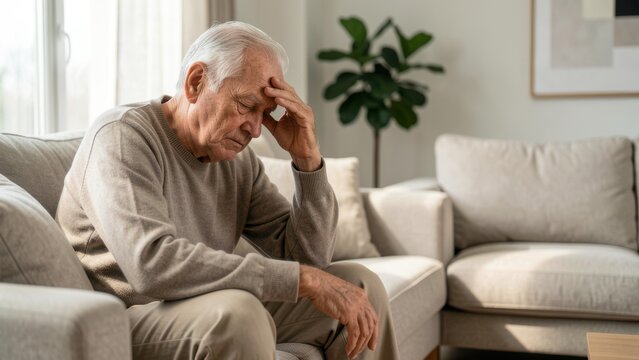 exhausted elderly man resting hand on forehead on modern sofa natural light in quiet contemporary home for care concept