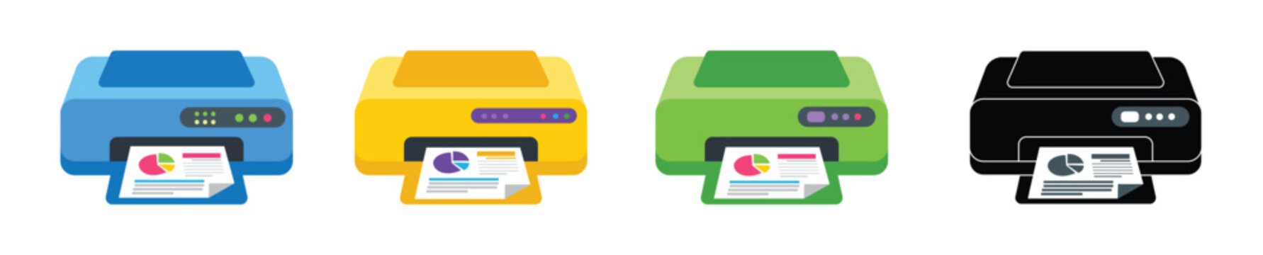 Colorful printer icon set on white background &ndash; Modern office printing machine and document technology vector collection