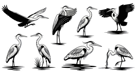 Fototapeta premium Great blue heron collection in black and white woodcut style