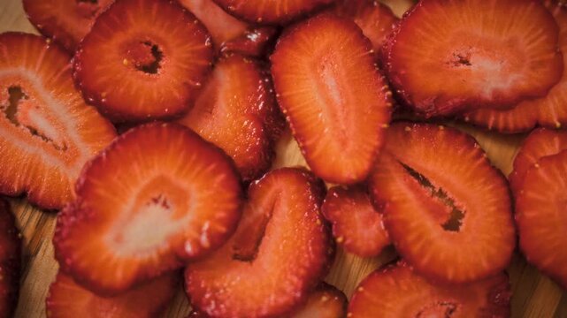 A close-up of sliced red strawberries displays the fruit's texture and structure, with visible seeds and flesh, highlighting the berry surface in a crisp, detailed view for food documentation