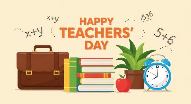 Happy teachers day colorful flat illustration with school items