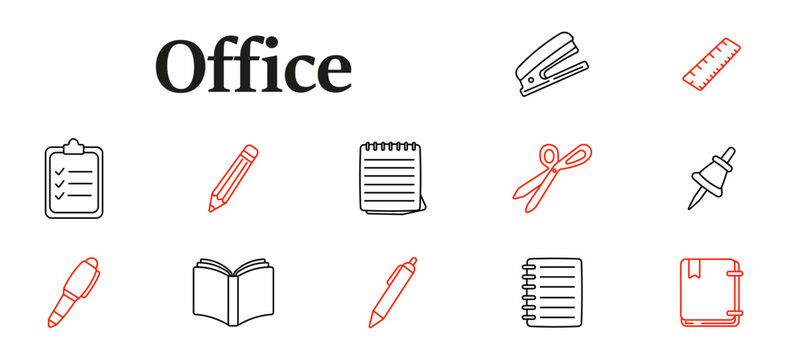 Office set icon. Clipboard checklist, graphite pencil, spiral notebook, metallic stapler, measuring ruler, fountain marker, open publication, cutting scissors, desktop accessories