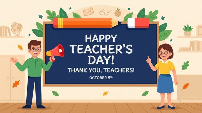 Happy teacher's day greeting with students and chalkboard
