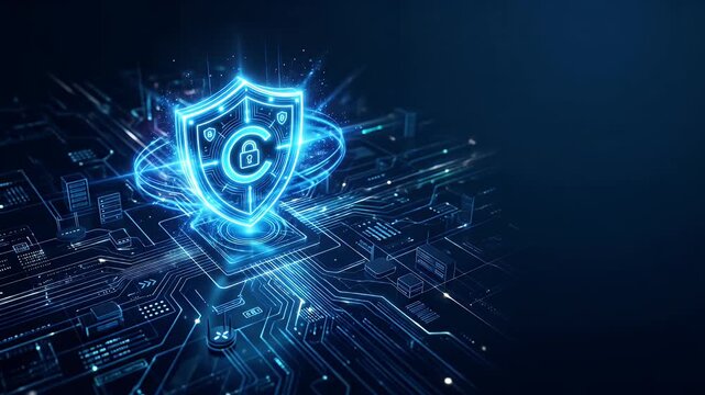 Modern digital security shield with futuristic circuit network background.