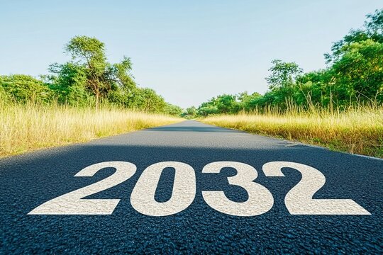 A Scenic View of the Winding Mountain Travel Country Asphalt Road with Road Markings for 2032 Year