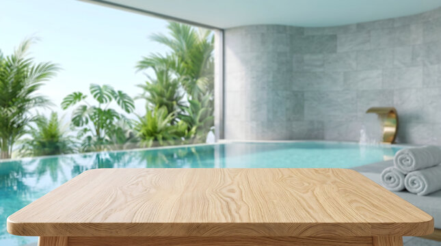 Empty Wooden Table Top Backdrop with Blurred Luxury Indoor Swimming Pool Spa Interior for Product Placement Mockup Scene