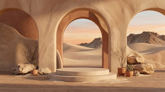 Minimalist desert archway podium with shadow of dry branches for product presentation