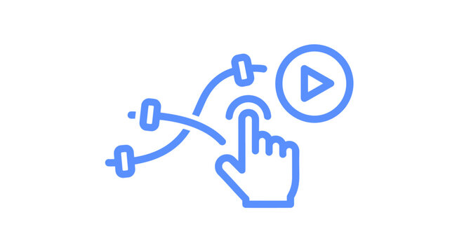 Hand pointing at play button and network icons.