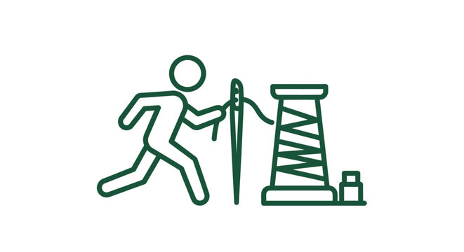 Person running with spear towards oil rig illustration.