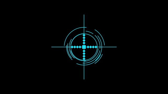 A bright cyan crosshair reticle with a circular target and intricate segmented concentric rings is clearly visible against a stark black background, indicating a digital interface for aiming or