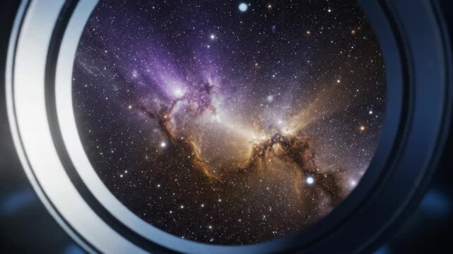 Spaceship portal view of deep space nebula and starry galaxy. Futuristic vessel window looking out at cosmic gas clouds and universe exploration science concept