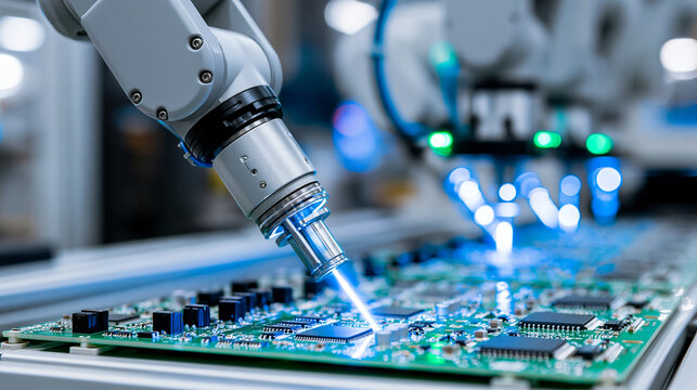 Close-up of high precision robot arms on automated PCB assembly line inside modern electronics factory during component installation, manufacturing automation concept, electronics
