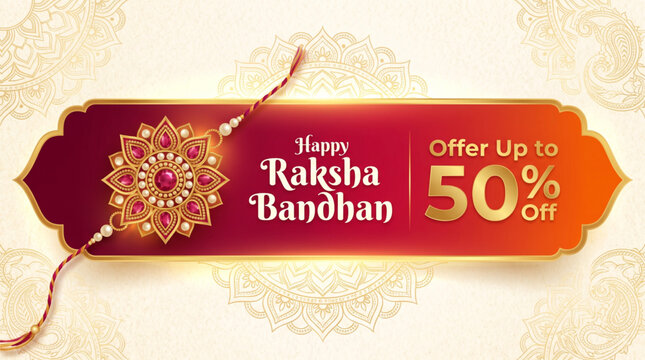 Raksha Bandhan sale banner with decorative rakhi and fifty percent discount offer for festive marketing campaign