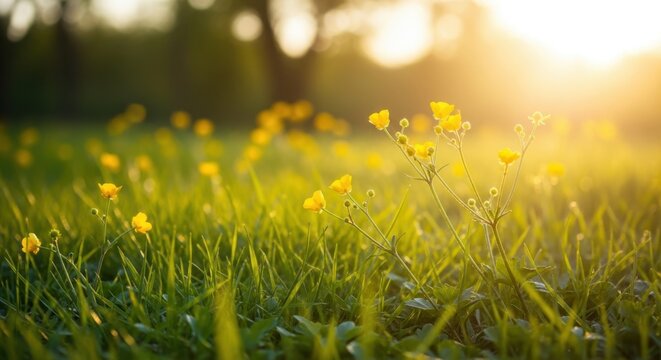 Beautiful yellow buttercup flowers in a sunny meadow during golden hour