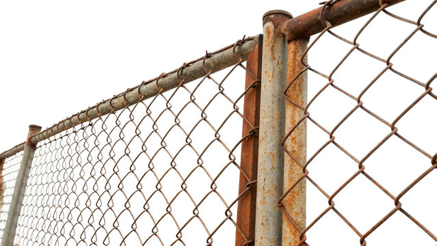 Section of old metal diamond chain link wire fence isolated on transparent background