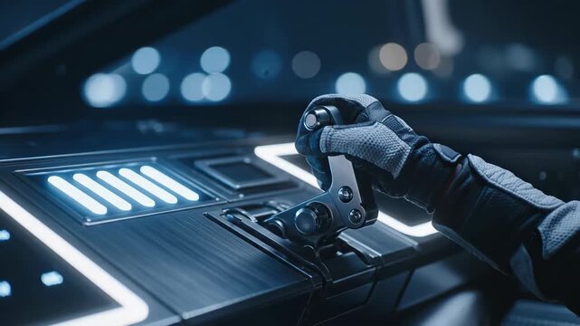 Pilot hand operating throttle lever in futuristic spaceship cockpit. Spacecraft control panel with glowing lights and instrument interface for flight navigation