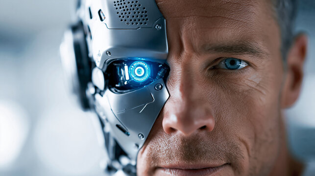 Man with robotic half face and glowing blue cyborg eye against futuristic technology background, human-machine fusion concept, technology photography, blurred tech background,