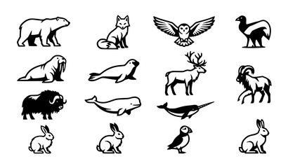 Arctic Wildlife and Polar Region Animals Icon Set with Polar Bear, Walrus, Narwhal, Caribou, and Tundra Nature Vector Illustrations © Abddulah