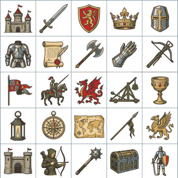 Medieval knight armor sword shield.