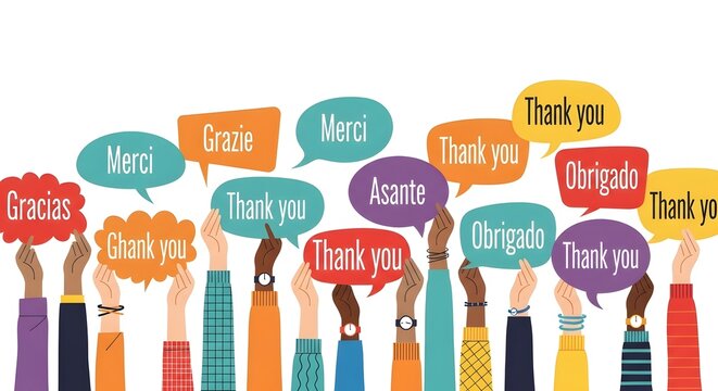Happy Thanksgiving Diverse hands raised with speech bubbles showing gratitude in many different global languages as a concept of community support