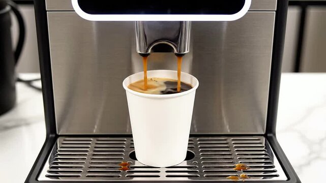 Close-Up View of a Professional Coffee Vending Machine Dispensing Fresh Brewed Coffee into a White Paper Cup at a Modern Kitchen Setting