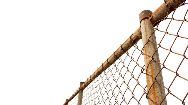 Angled shot of old rustic chain link wire fence isolated on transparent background