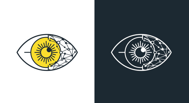 Cybernetic eye icon with digital network and neural connections