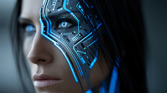 Closeup portrait of female cyborg with half-human half-machine face glowing blue circuitry and dark hair in futuristic setting, artificial intelligence concept, technology