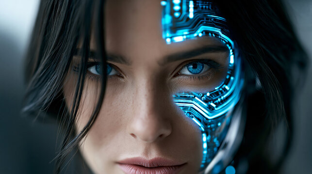 Closeup portrait of female cyborg with half-human half-machine face glowing blue circuitry and dark hair in futuristic setting, artificial intelligence concept, technology