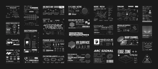Fototapeten Restaurant Sci-fi industrial micrographics and tech layouts. Monochrome technical schemes, blueprints, 3d shapes, instruction, info decal. Futuristic micrographics. Vector tech labels - instruction and schemes  © SergeyBitos