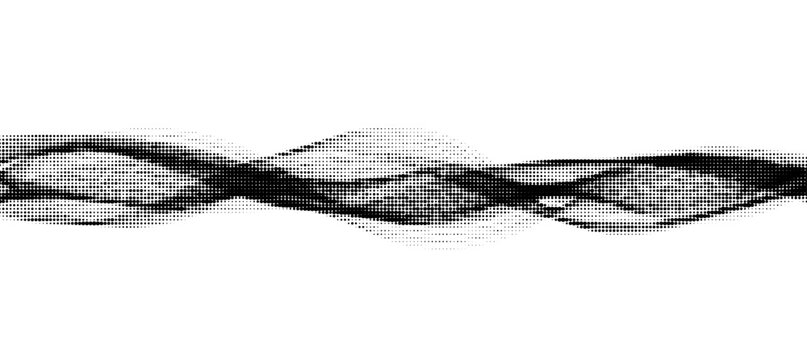 Abstract monochrome halftone wave. Abstract dynamic wave, digital audio equalizer, flow line, frequency sound. Halftone dotted fluid design. Vector dotted background