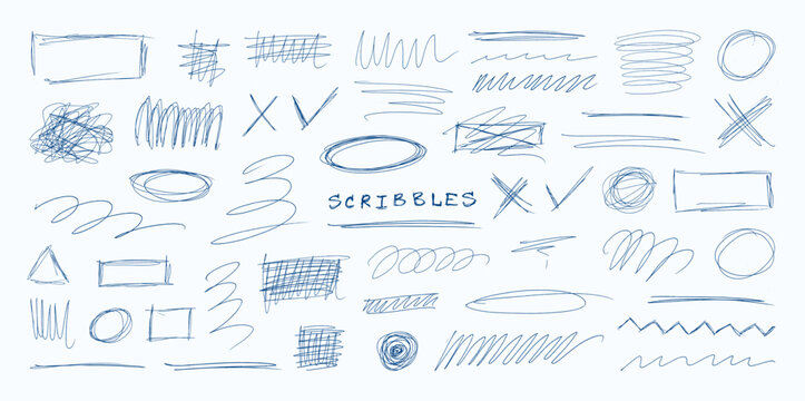Blue pen scribble elements set. Hand-drawn pen scribbles and ballpoint ink doodles set -  featuring circles, rectangles, underlines, hatching, highlights. Vector doodles elements collection