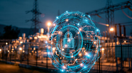 Obraz premium Critical infrastructure facility protected by a digital cybersecurity overlay against a dark futuristic technology background with clean data visualizations, illustrating AI-assisted