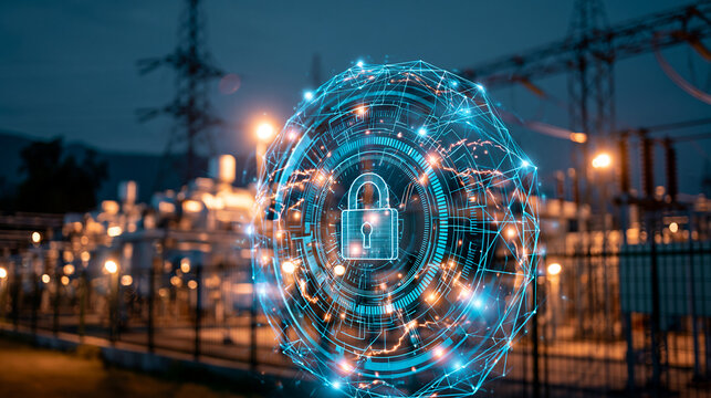 Critical infrastructure facility protected by a digital cybersecurity overlay against a dark futuristic technology background with clean data visualizations, illustrating AI-assisted