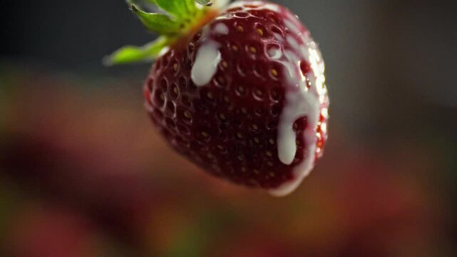 A close-up shot of white whipped cream slowly dripping down juicy ripe strawberries. The dark, burgundy background of blurred berries creates depth in the frame. A festive dessert idea