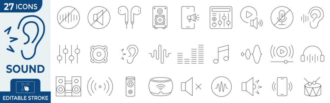 Minimalist sound and audio line icons, set of 27 editable stroke vector symbols, music production and volume control elements for interface design