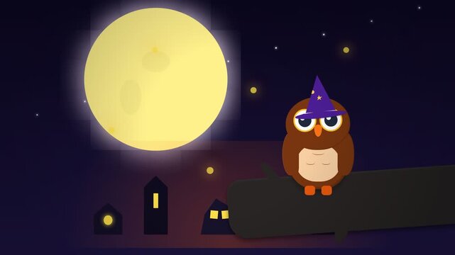 Animated Cartoon Owl Wearing a Wizard Hat Sitting on a Branch Under a Full Moon.