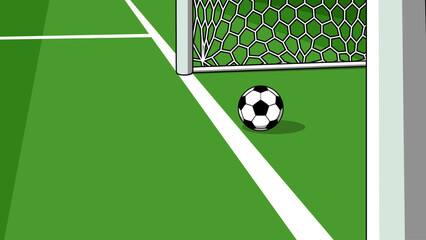 A soccer ball inside the goal. A vibrant vector illustration featuring a classic black-and-white soccer ball on the pitch, positioned just inside the white goal line. © Robert Yap