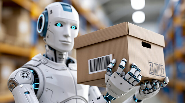 Close-up of humanoid robot handling boxes efficiently in modern warehouse environment, logistics automation concept, warehouse robotics photography, blurred warehouse background,