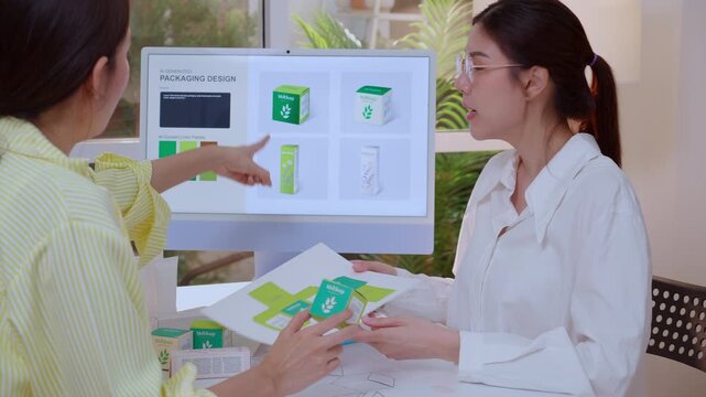 Two asian woman graphic designer using artificial intelligence designing cosmetic packaging box in office, looking at prototype mockup on computer screen, creative agency developing cosmetic product.