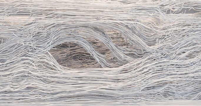 3d illustration of a structure made of thin longitudinal fibers of a light shade, in the center of which an oval through hole is formed, visually resembling a gradual rupture or divergence of threads 