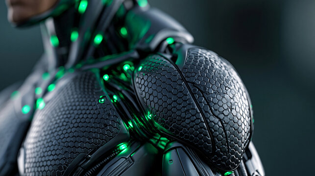 Close-up view of intricate textured armor plating of futuristic sci-fi suit highlighting metallic details and glowing green accents, futuristic design concept, technology